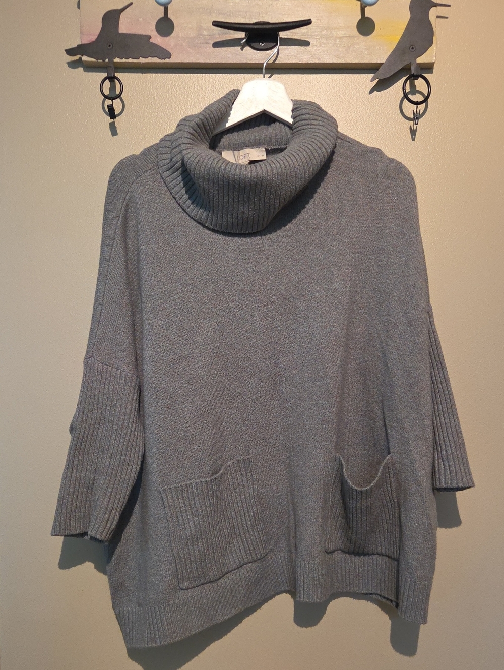 LOFT Gray Ribbed Cowl Neck Pocket Sweater